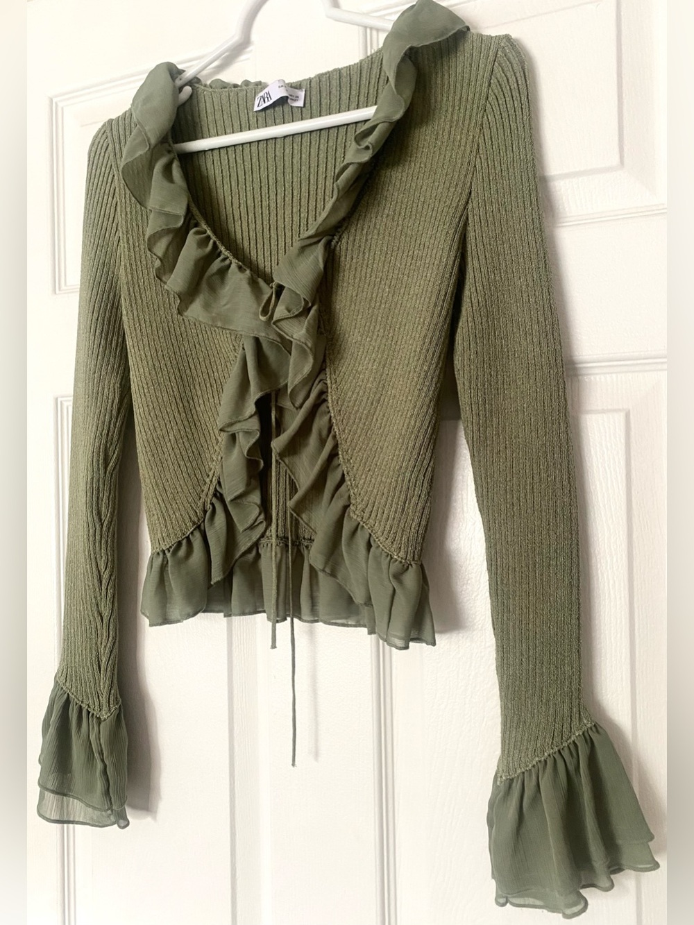 Zara Olive Green Ruffle Tie Front Cardigan Bell Sleeve Fairycore Top S - Picture 2 of 7